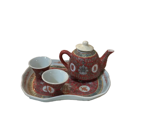 Miniature Set of Vintage Asian Ceramic Cups, Teapot, and Tray- 5 Pieces Total