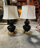 Pair of Black Ceramic MCM Table Lamps With Gold Accents and Shades Included