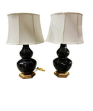 Pair of Black Ceramic MCM Table Lamps With Gold Accents and Shades Included