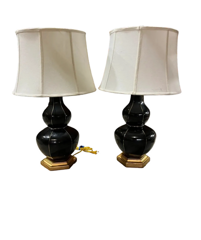 Pair of Black Ceramic MCM Table Lamps With Gold Accents and Shades Included