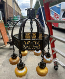 Vintage Heavy Brass Detailed Chandelier With Stained Glass Accents
