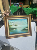 Lighthouse and Egrets Seascape Painting on Canvas, Signed by the Artist, Framed