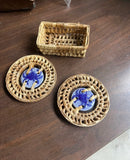 Pair of Ceramic Blue Crab Coasters With Wicker Edges and Basket
