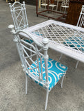 1970s White Wicker Dining Table With Metal Chairs and Blue Accent Cushions