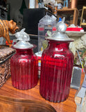 Pair of Red Glass Jars With Silver Bunny Lids