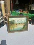 Gold and Green Framed Riverside Painting With Colorful Foliage and Mountains