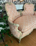 1970s Vintage French Pink Cushioned Settee With White Wooden Detailed Frame