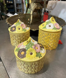 Trio of Yellow Ceramic Woven Style Jars With Floral Accents