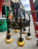 Vintage Heavy Brass Detailed Chandelier With Stained Glass Accents