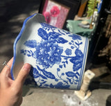 1970s Blue and White Floral Ceramic Planter