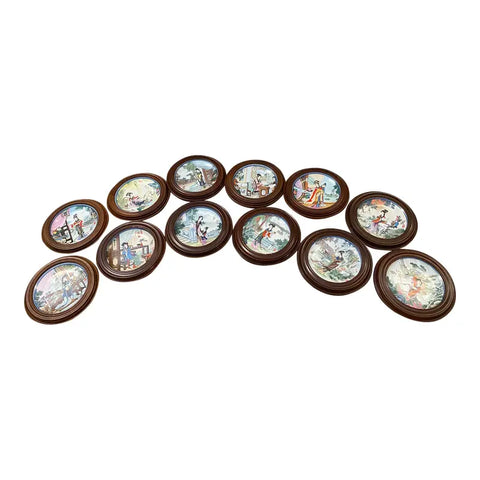 1970s Chinoiserie Hand-Painted Woman Design Framed Plates - Set of 12