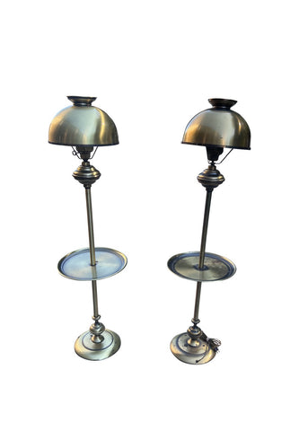 Pair of 1960s Brass Tone Metal Floor Lamps with Round Tables