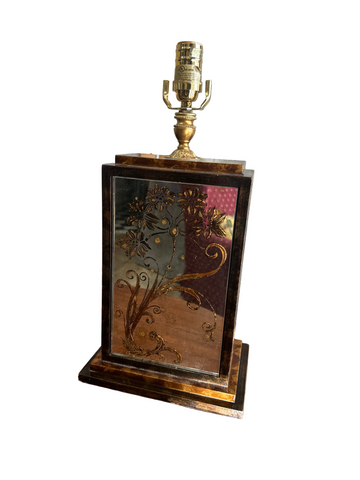 Vintage Mirrored and Wooden Box Table Lamp with Floral Accents
