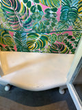 Vintage White Wooden Short Light Up Glass Display Cabinet With Tropical Wallpaper Background