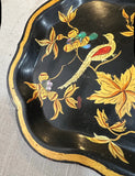 Vintage Asian Floral Black Lacquered Tray With Gold Accents