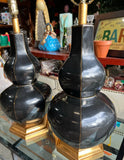Pair of Black Ceramic MCM Table Lamps With Gold Accents and Shades Included