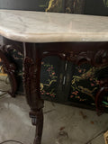 Dark Wooden Oval Mirror and Console Table With Marble Top Pair