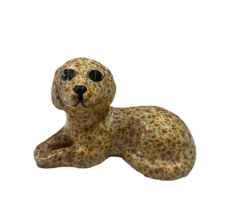 1970s Small Floral Ceramic Painted Dog Sculpture