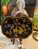 Vintage Asian Floral Black Lacquered Tray With Gold Accents