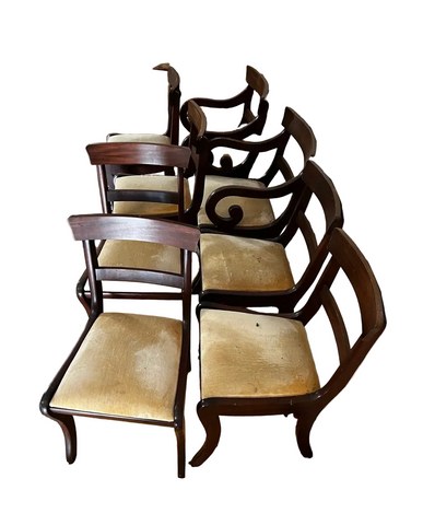 Collection of Mid Century Wooden Dining Chairs With Yellow Cushions- Set of 8 With 2 Captains Chairs