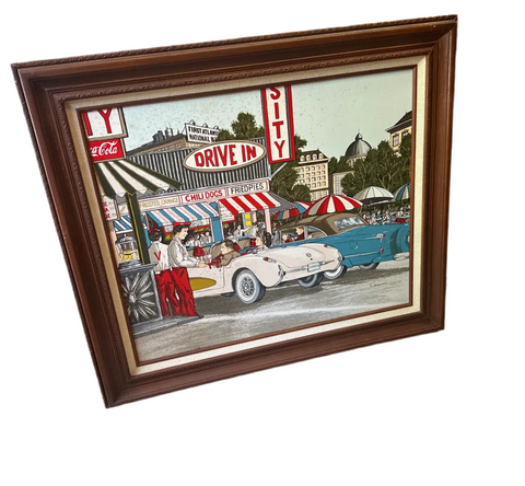 Vintage Painting of the Varsity With Classic Cars, Framed