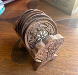 Collection of Hand Carved Wooden Coasters With Holder