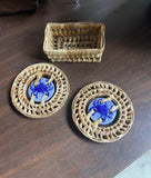 Pair of Ceramic Blue Crab Coasters With Wicker Edges and Basket