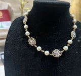 Vintage Mixed Metal Flower Charm and Pearl Necklace