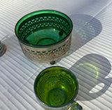 Trio of Green Glass and Silver Serving Pieces