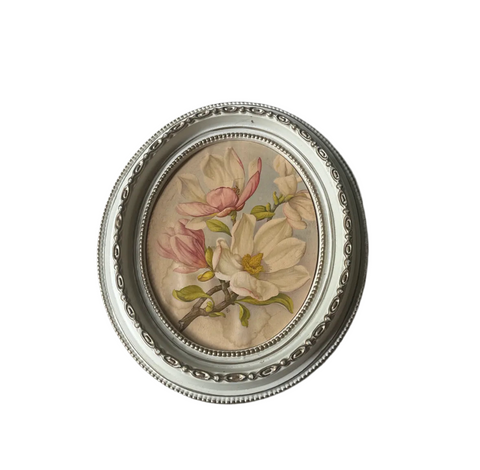 Oval Floral Print in White Wooden Frame Decorative Piece