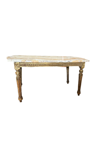 Gold Painted Wooden Coffee Table With Cream Colored Marble Slab Top