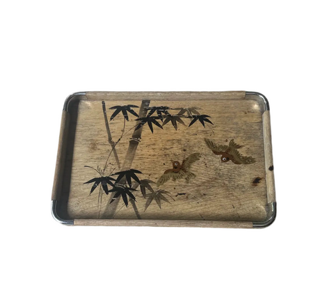 Small Wooden Tray With Bamboo and Bird Accents
