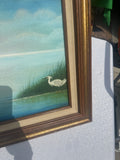 Lighthouse and Egrets Seascape Painting on Canvas, Signed by the Artist, Framed