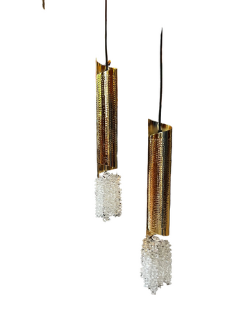 Pair of Hand Hammered Gold Tube Hanging Crystal Pendant Lights