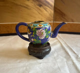 Vintage Blue Cloisonné Floral Teapot With Wooden Stand