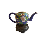 Vintage Blue Cloisonné Floral Teapot With Wooden Stand