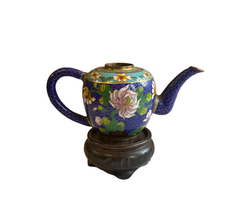 Vintage Blue Cloisonné Floral Teapot With Wooden Stand
