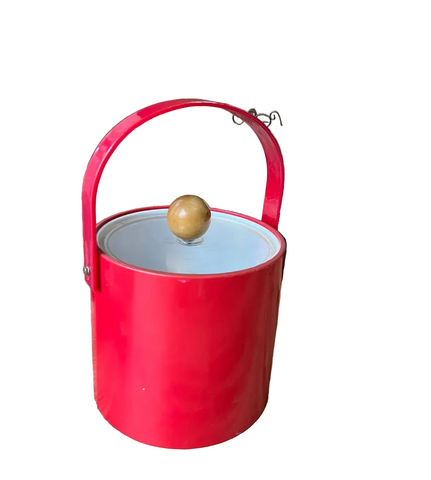 Red Plastic Ice Bucket/Champagne Bucket With Wooden Handle on Lid
