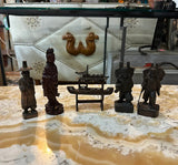 Vintage Instant Collection of Wooden Asian Figures and Ship on Stand- Set of 6