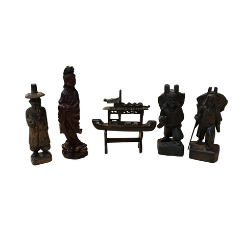Vintage Instant Collection of Wooden Asian Figures and Ship on Stand- Set of 6