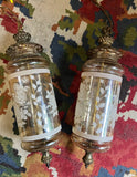 Pair of Glass Pendant Lights With Floral and Brass Accents