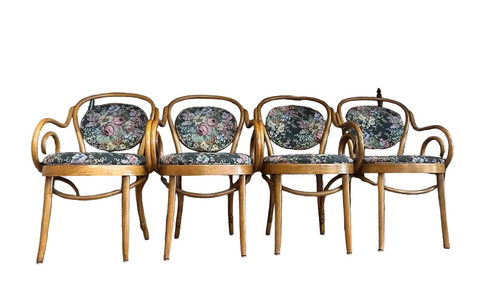Collection of Floral Cushioned Bentwood Looped Arms Dining Chairs- Set of 4