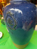 Oversized Blue Ceramic Vase With Metal Ears
