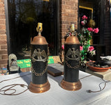 Pair of Copper Industrial Lamps With Eagle Accents