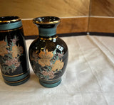 Miniature Vintage Pair of Black Ceramic Asian Style Vases With Floral Accents
