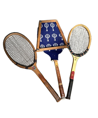 Vintage Collection of Miscellaneous Tennis Rackets With Guard and Hand Knit Cover
