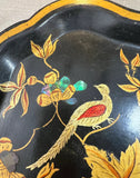 Vintage Asian Floral Black Lacquered Tray With Gold Accents