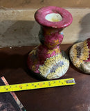 Pair of Dark Pink Floral Ceramic Candlestick Holders