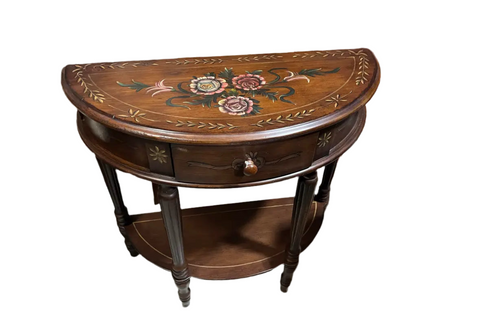 Demilune Wooden Table With Painted Flower Accents
