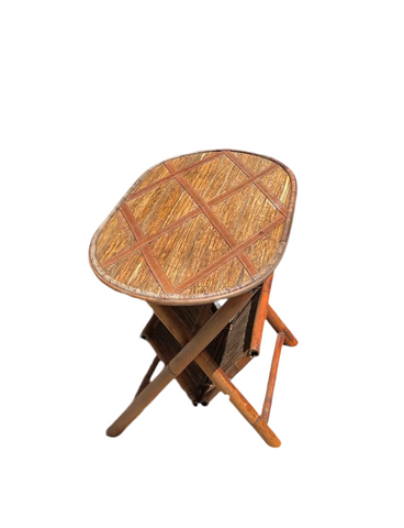 Small Oval Wicker and Wooden Fold Up Side Table